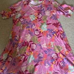 LOGO by Lori Goldstein Knit Floral Dress With Pockets in Pinks Lavenders Orange